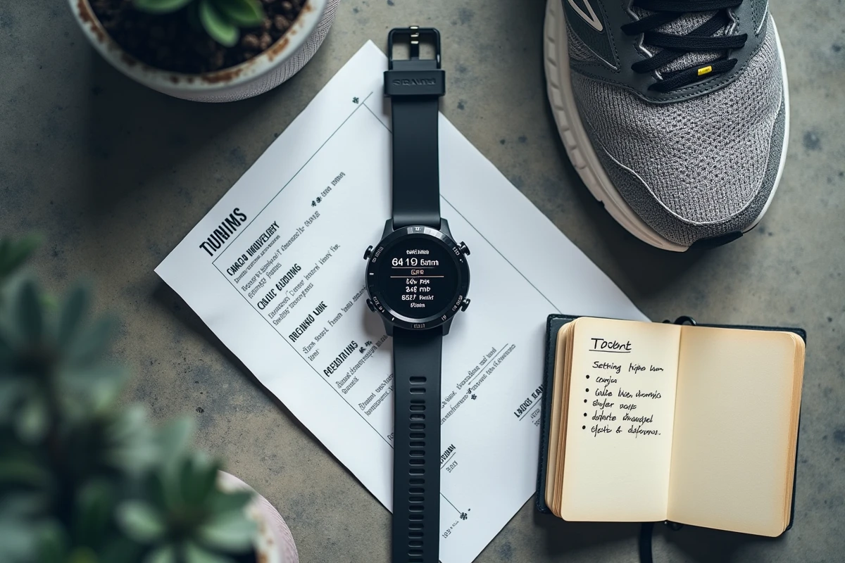 Vue aérienne d'une montre de sport affichant les options de conversion mph et km/h entourée d'accessoires de running sur béton