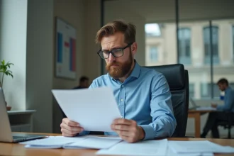 Un fonctionnaire français au bureau examine un document