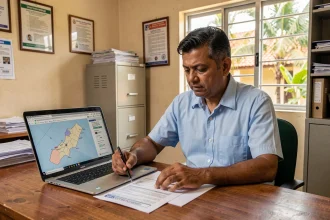 Fonctionnaire mauricien consultant un document officiel de codes postaux de Maurice dans un bureau administratif