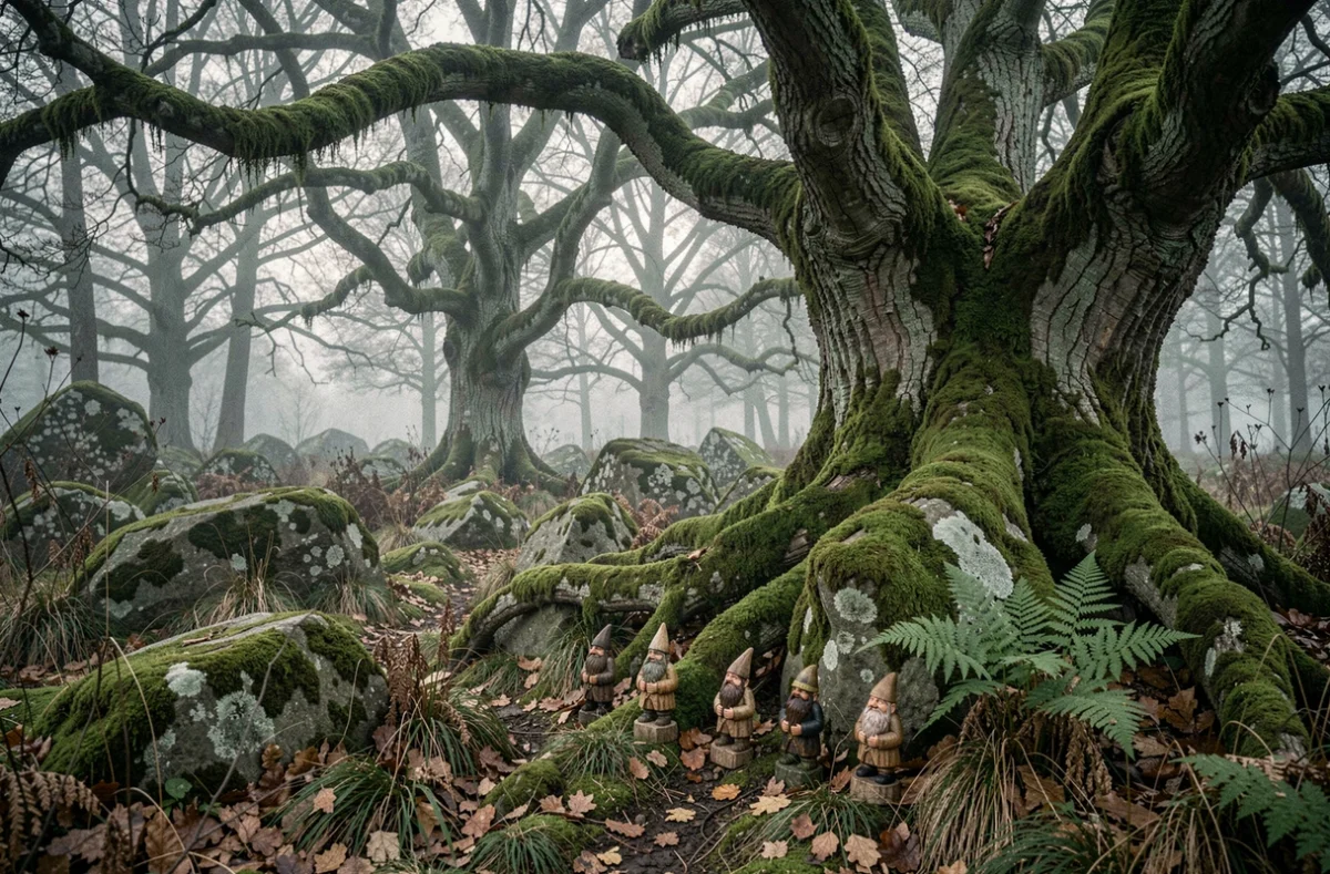 Forêt bretonne brumeuse avec figurines de korrigans sculptées en bois au pied d'arbres centenaires couverts de mousse