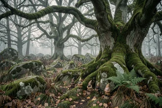 Forêt bretonne brumeuse avec figurines de korrigans sculptées en bois au pied d'arbres centenaires couverts de mousse