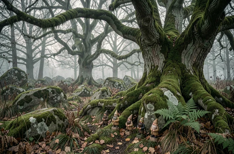 Forêt bretonne brumeuse avec figurines de korrigans sculptées en bois au pied d'arbres centenaires couverts de mousse