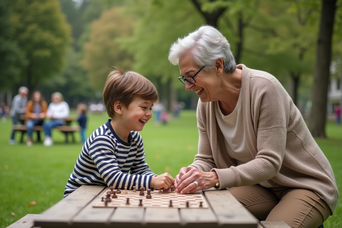 Garçon jouant avec sa grand-mère dans un parc