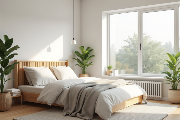 Tête de lit en tasseaux de bois dans une chambre moderne