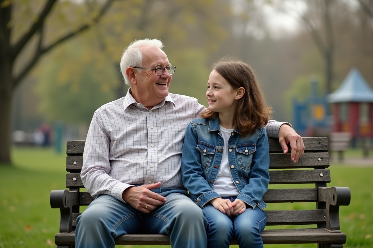 Grand-pere et petite fille discutant sur un banc dans un parc en plein air