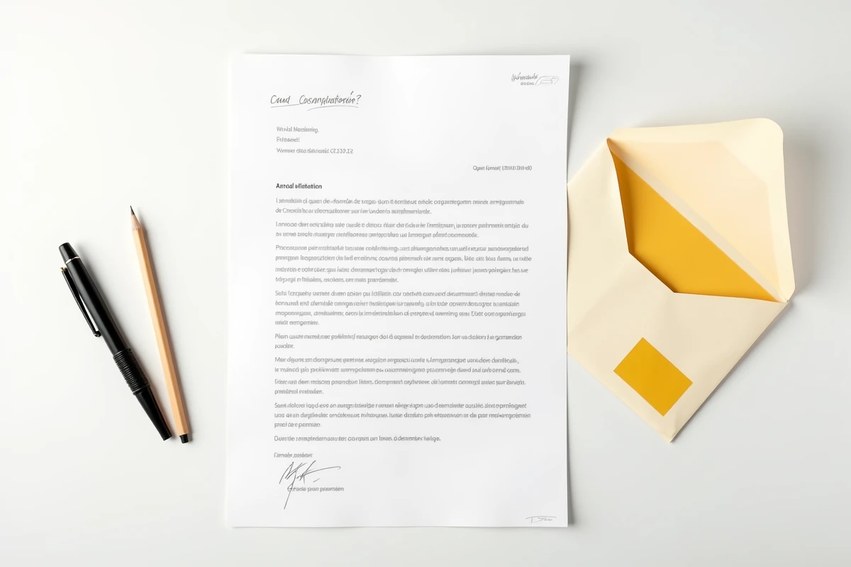Gros plan d'une lettre de résiliation officielle avec stylo plume et étiquette recommandée sur un bureau