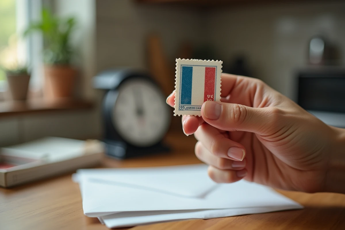 Gros plan d'une main tenant un timbre postal avec une balance et une enveloppe en arrière-plan