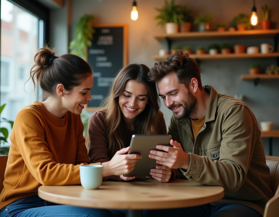 Groupe de jeunes adultes discutant de la fiabilité d'un média culturel en ligne autour d'une tablette dans un café indépendant