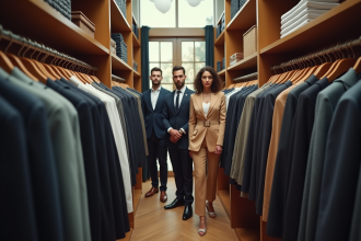 Groupe élégant dans un dressing lumineux et luxueux