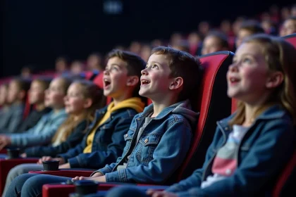 Enfants de 8 a 12 ans dans un cinema 4DX réagissant avec surprise