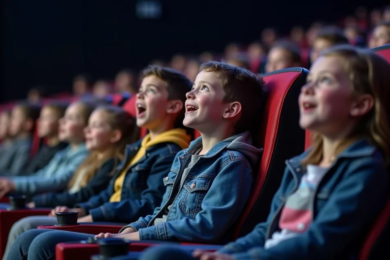 Enfants de 8 a 12 ans dans un cinema 4DX réagissant avec surprise