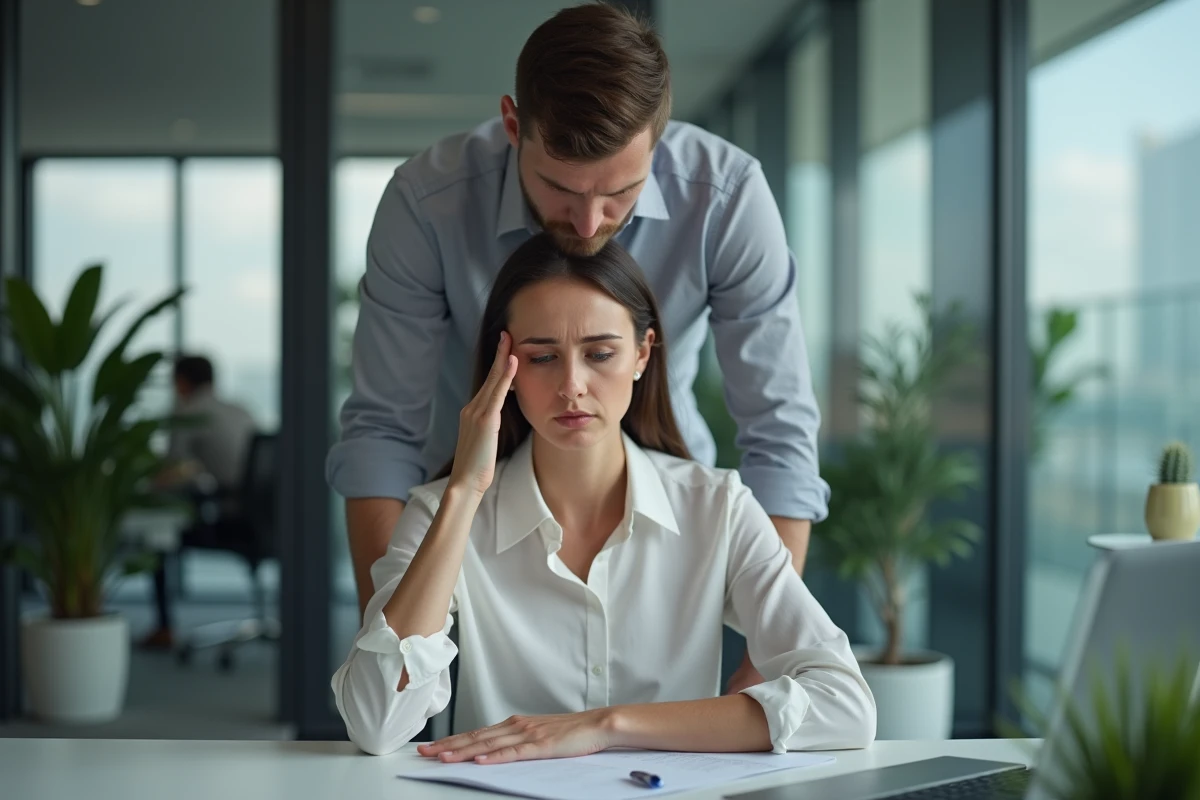 Femme subissant une pression au travail dans un bureau moderne, illustrant le harcèlement professionnel