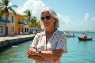 Femme martiniquaise consultant sa montre sur le front de mer de Fort-de-France en 2026, illustrant le changement d'heure en Martinique