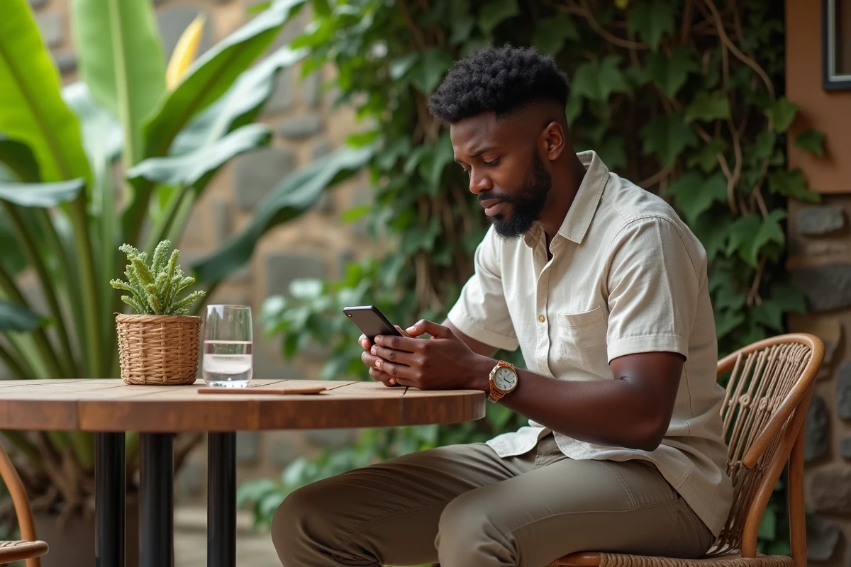 Jeune homme martiniquais consultant l'heure sur son smartphone dans un café tropical en Martinique, thème des fuseaux horaires et du changement d'heure