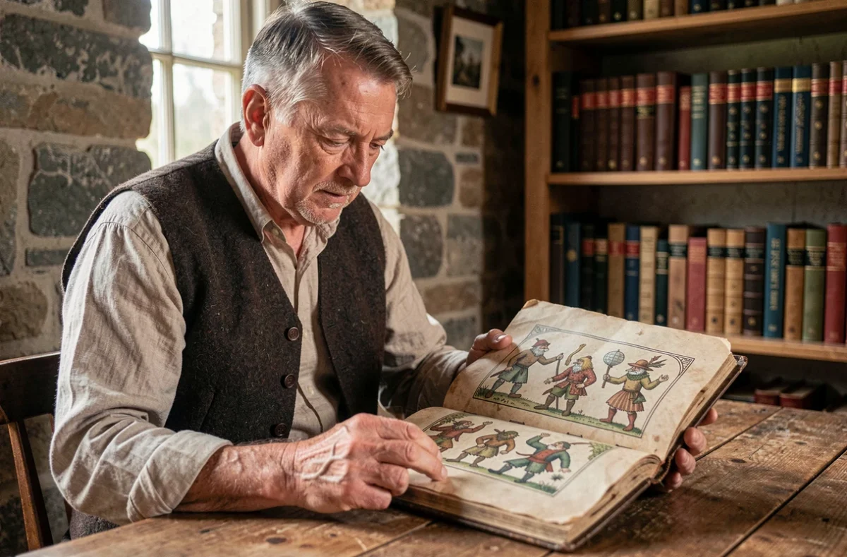 Historien breton étudiant un manuscrit illustré sur les korrigans et les légendes celtiques dans une vieille chaumière en pierre