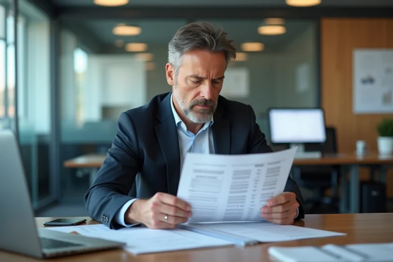 Homme d'affaires analysant une feuille de temps imprimée