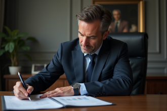 Homme d'affaires français en costume bleu dans un bureau moderne