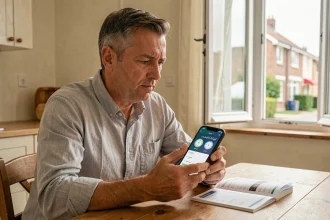 Homme consultant une application d'horaire de prière sur smartphone à Argenteuil, comparant avec un calendrier imprimé