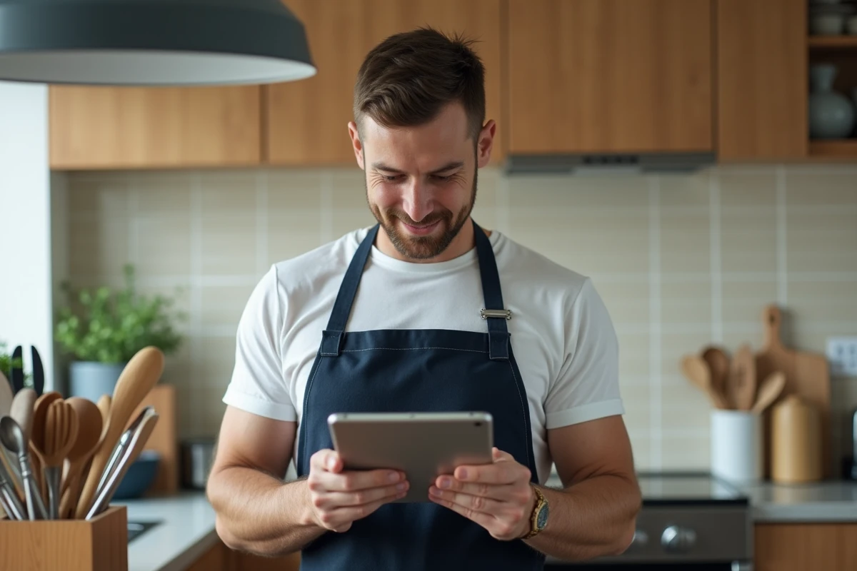 Homme consultant une tablette numérique dans une cuisine moderne pour optimiser et simplifier ses tâches ménagères