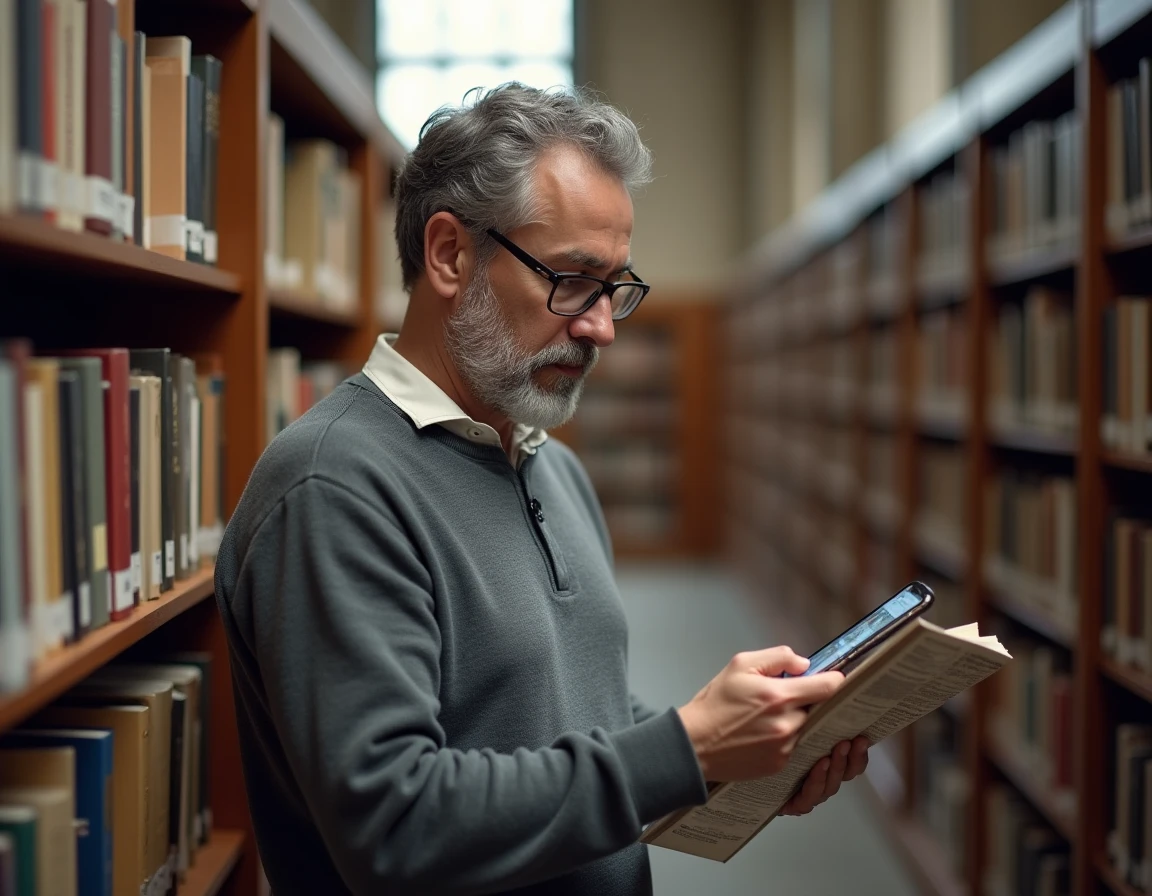 Homme en bibliothèque comparant un magazine imprimé et un site de média numérique culturel sur smartphone pour vérifier leur fiabilité