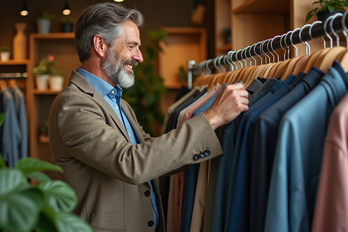 Homme d age moyen choisissant vetements eco dans boutique