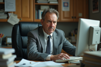 Homme d'âge moyen au bureau avec ordinateur ancien