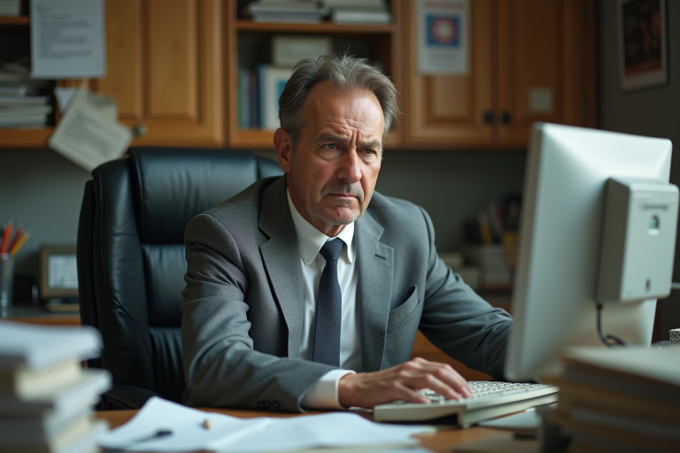 Homme d'âge moyen au bureau avec ordinateur ancien
