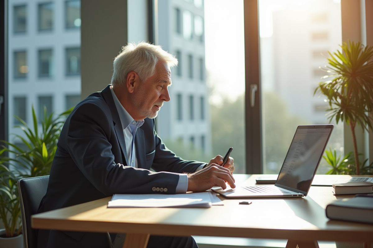 Homme mature calculant ses finances de retraite au bureau
