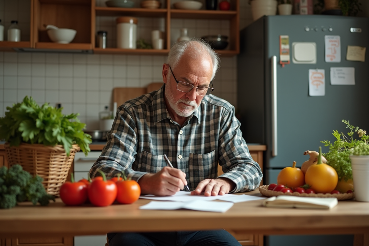Homme senior prépare une liste de courses dans sa cuisine chaleureuse