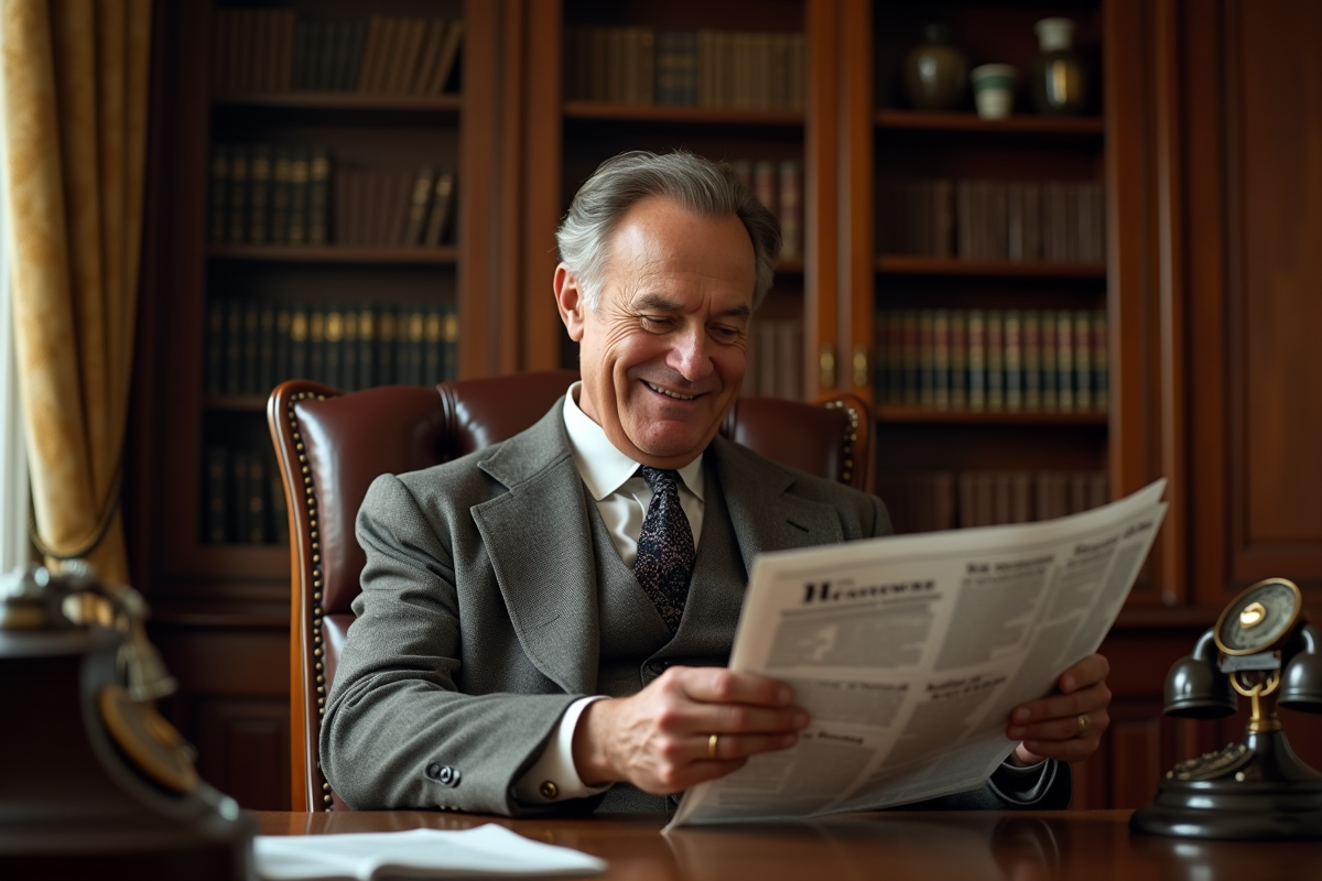 Homme d age moyen lisant un journal dans un bureau vintage