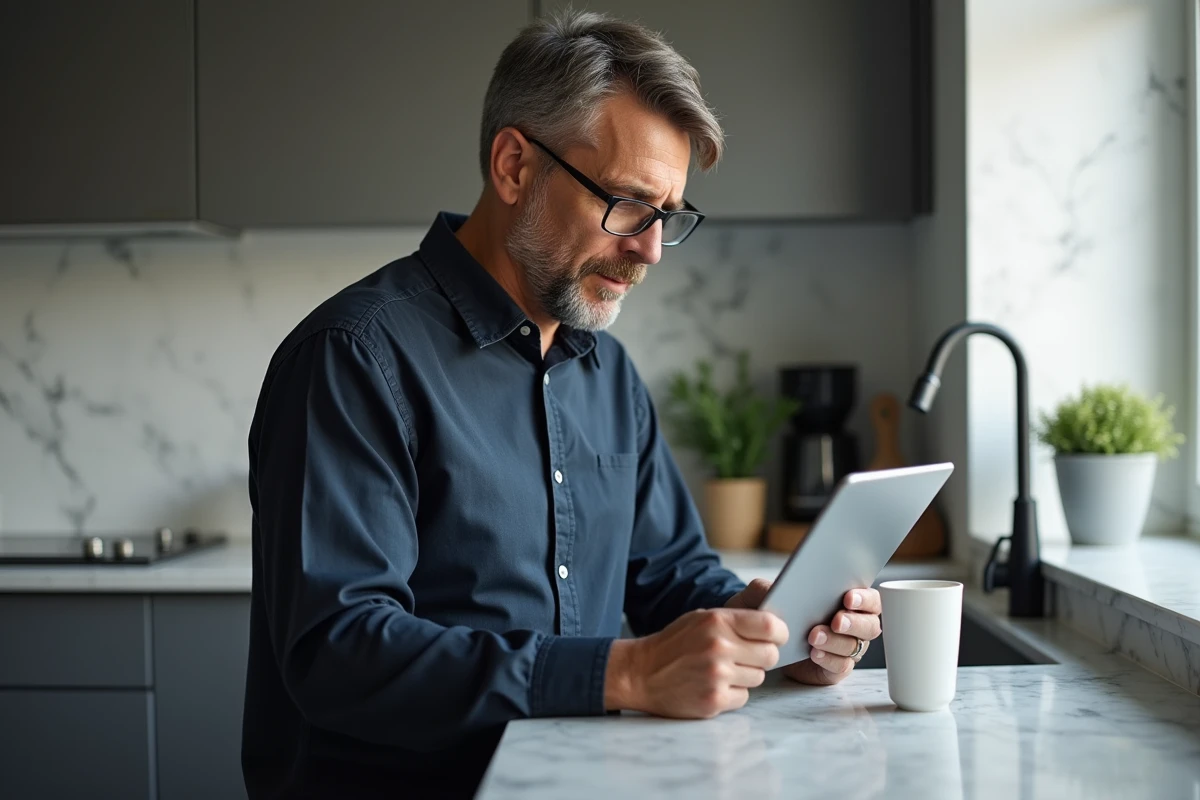 Homme à la maison consultant des instructions de dépannage sur une tablette dans une cuisine moderne