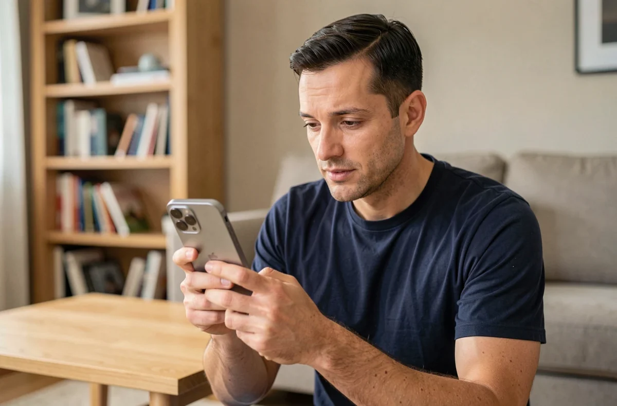 Homme examinant un iPhone 15 reconditionné dans un salon moderne, comparant les options d'achat