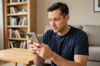 Homme examinant un iPhone 15 reconditionné dans un salon moderne, comparant les options d'achat