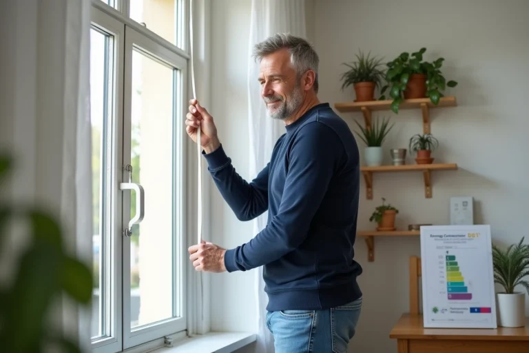 Homme souriant isolant une fenêtre dans son salon lumineux