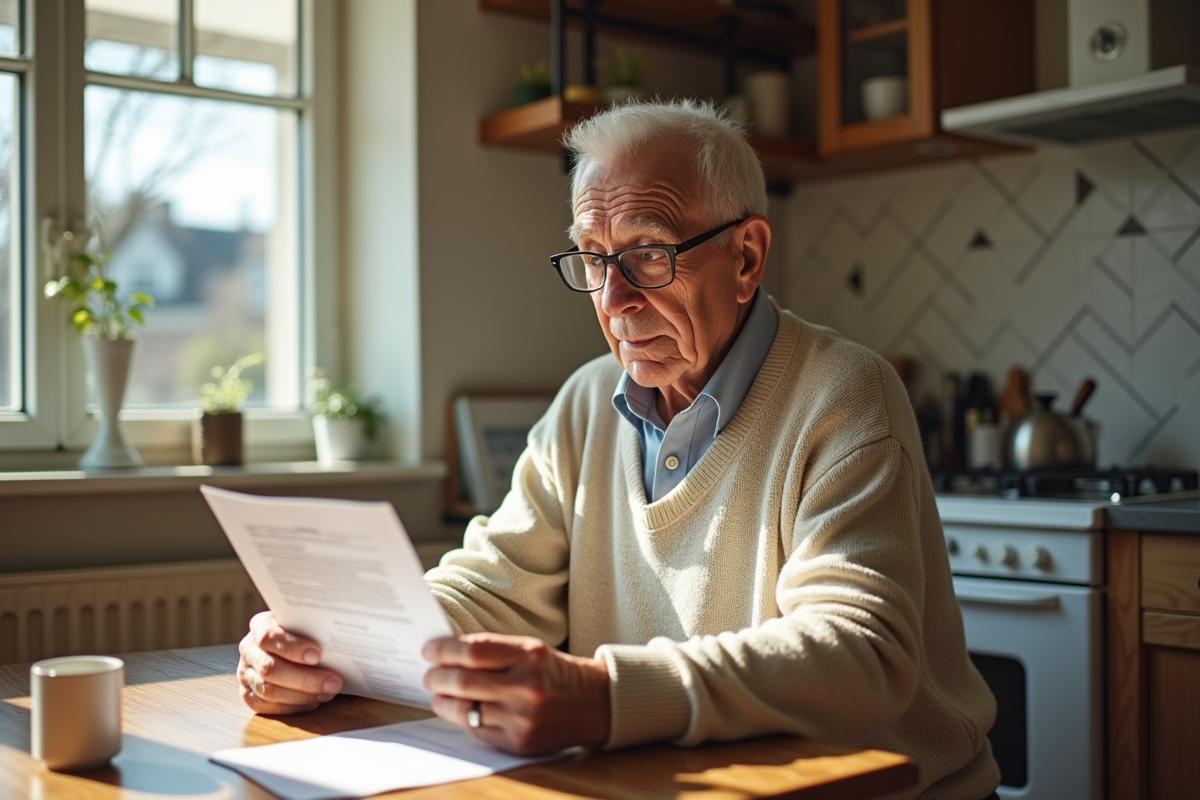 Homme âgé examinant des factures fiscales dans la cuisine