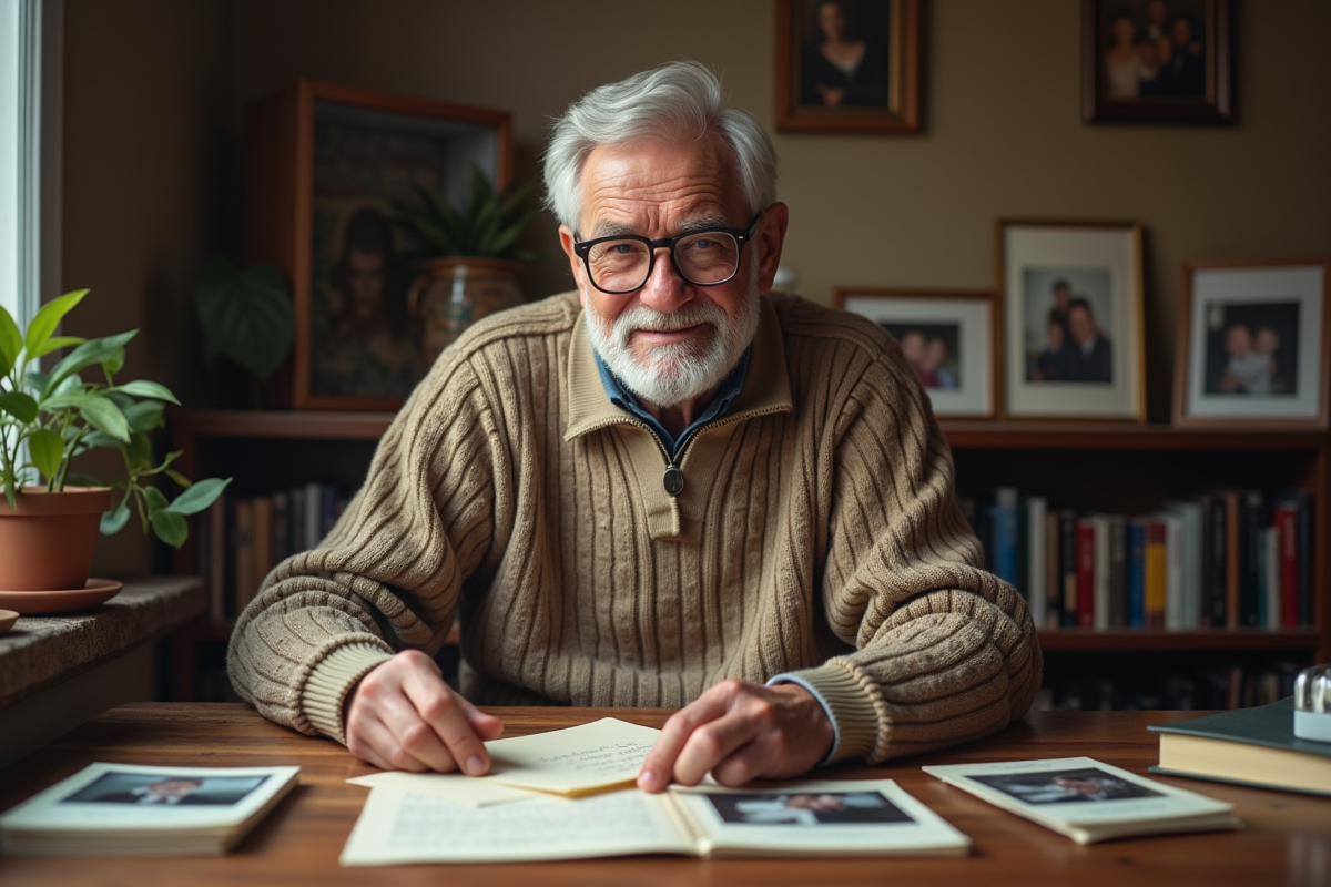 Homme âgé triant lettres et photos chez lui