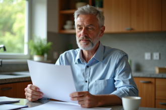 Homme d'âge moyen lisant documents de prêt immobilier dans sa cuisine