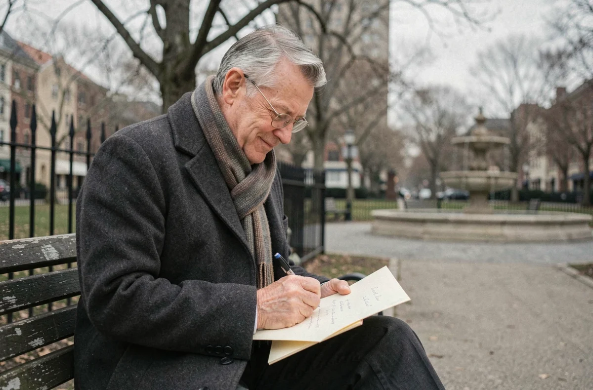 Homme mature écrivant une lettre d'amour romantique pour la Saint-Valentin dans un parc hivernal