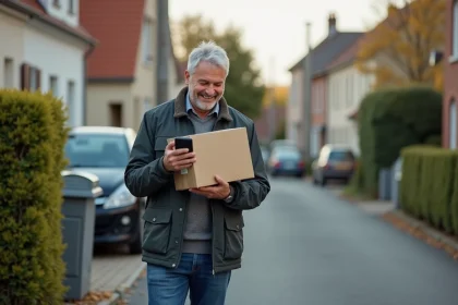 Homme d'âge moyen vérifiant son smartphone devant une maison