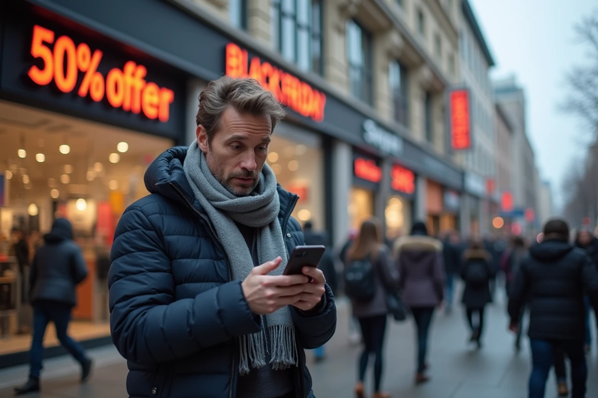 Homme vérifiant son téléphone devant un magasin d'électronique lors du Black Friday avec une foule de consommateurs en arrière-plan