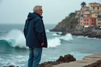 Homme méditerranéen contemplant la mer agitée