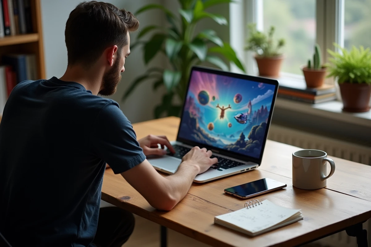 Homme consultant des cadeaux journaliers Monopoly GO sur ordinateur portable et smartphone à son bureau