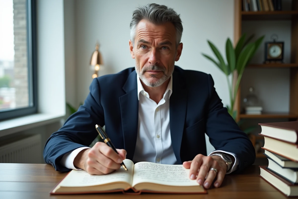 Homme consultant ses notes manuscrites de mots rares et savants pour briller lors d'un jeu du pendu en soirée
