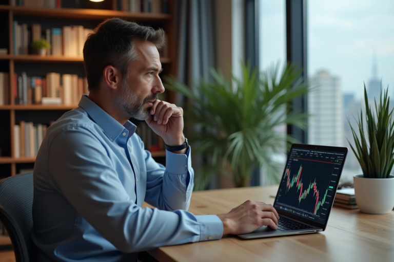 Homme d'âge moyen analysant des graphiques crypto sur son ordinateur