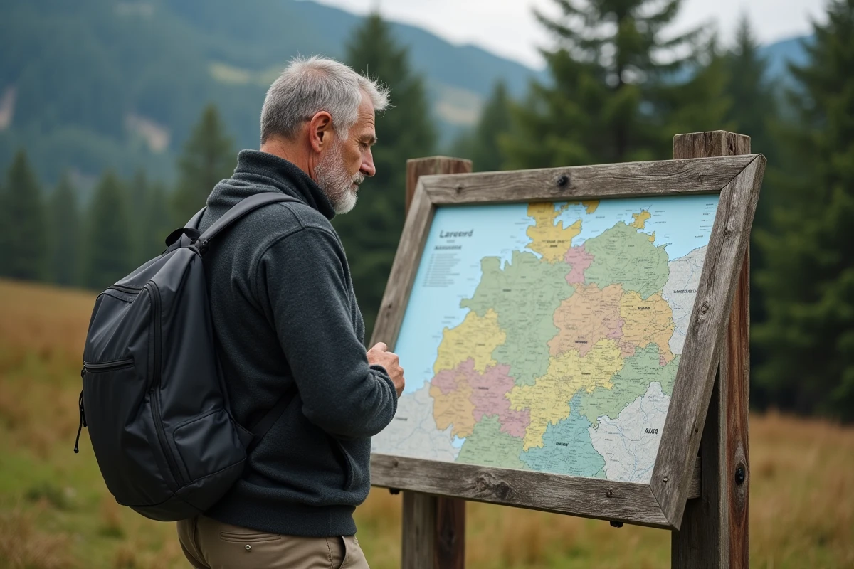 Homme examinant un panneau cartographique des Länder allemands dans un parc naturel pendant un voyage en Allemagne