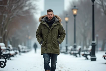 Homme en parka militaire dans un parc urbain enneige