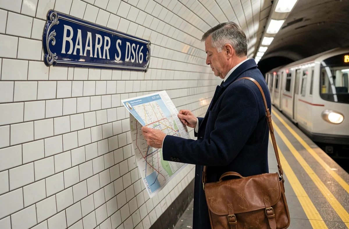 Homme consultant un plan détaillé de la ligne 6 du métro de Paris à l'intérieur d'une station souterraine carrelée