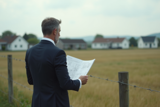 Homme d affaires regardant une carte de zonage dans un village