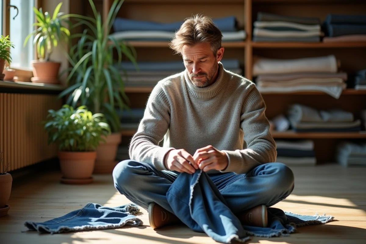 Homme cousant un patch dans un atelier de mode durable