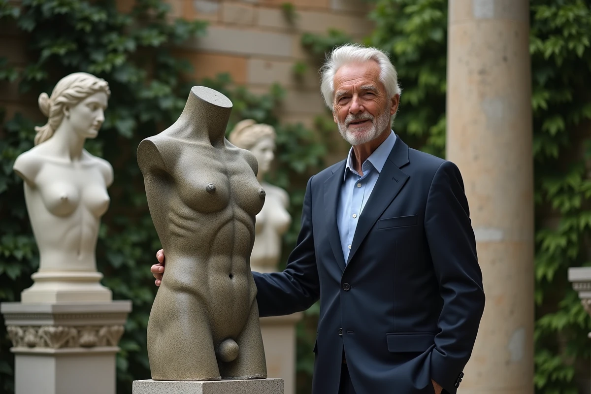 Homme âgé touchant une statue grecque dans un jardin antique
